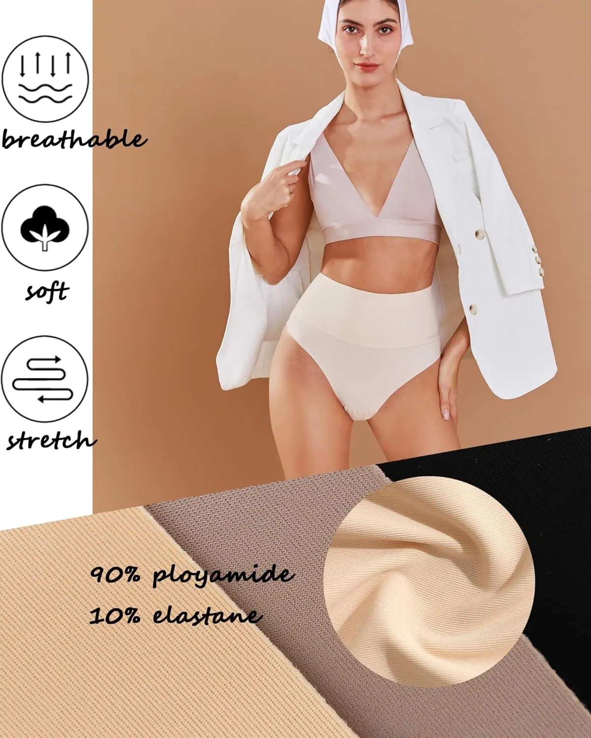 FINETOO Women Underwear High Waisted Thongs Tummy Control Seamless Thongs Shapewear No Show Panties 4 Pack S-3XL