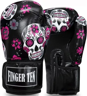 FINGER TEN Boxing Gloves Women Punching Sparring Kickboxing MMA Training Heavy Bag Glove Black Leather 8 10 12 14 16 oz for Womens