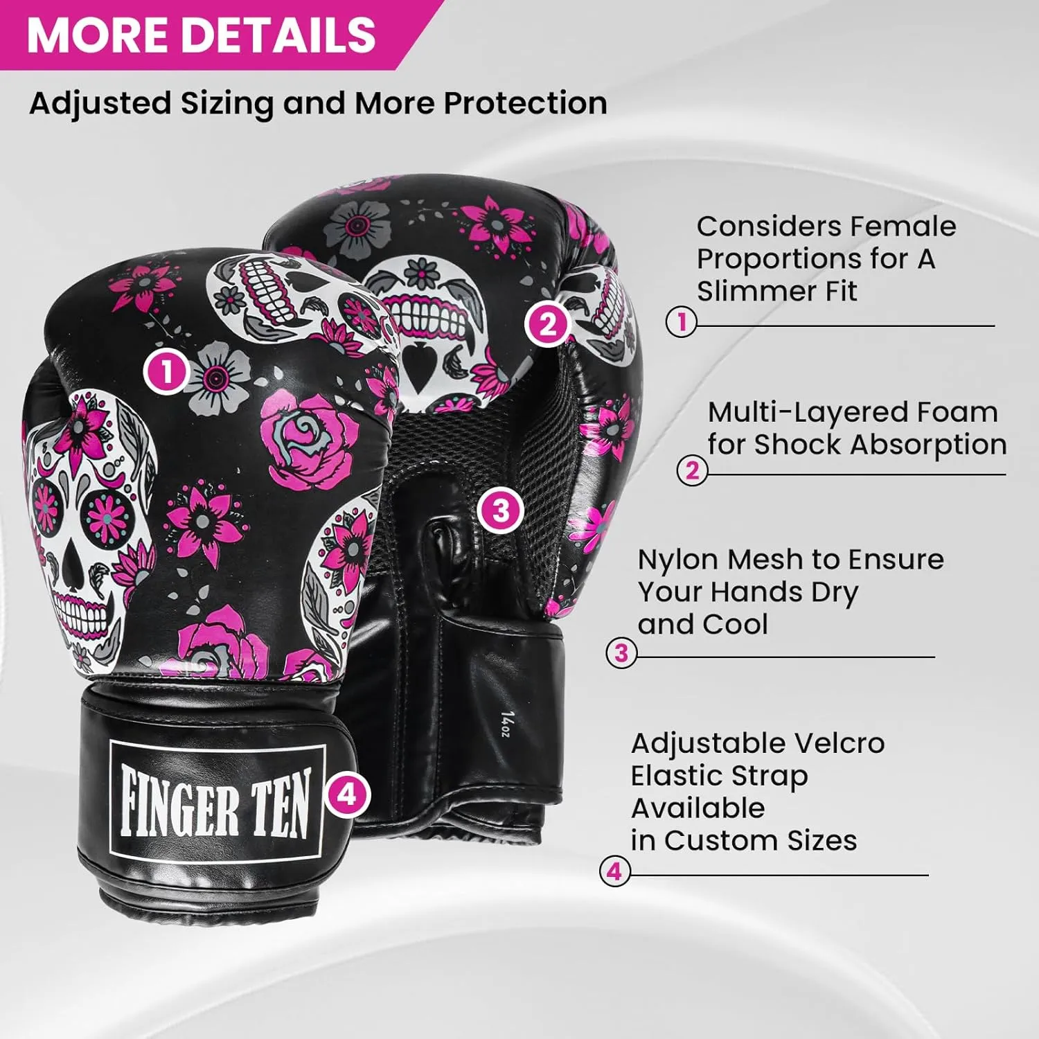 FINGER TEN Boxing Gloves Women Punching Sparring Kickboxing MMA Training Heavy Bag Glove Black Leather 8 10 12 14 16 oz for Womens