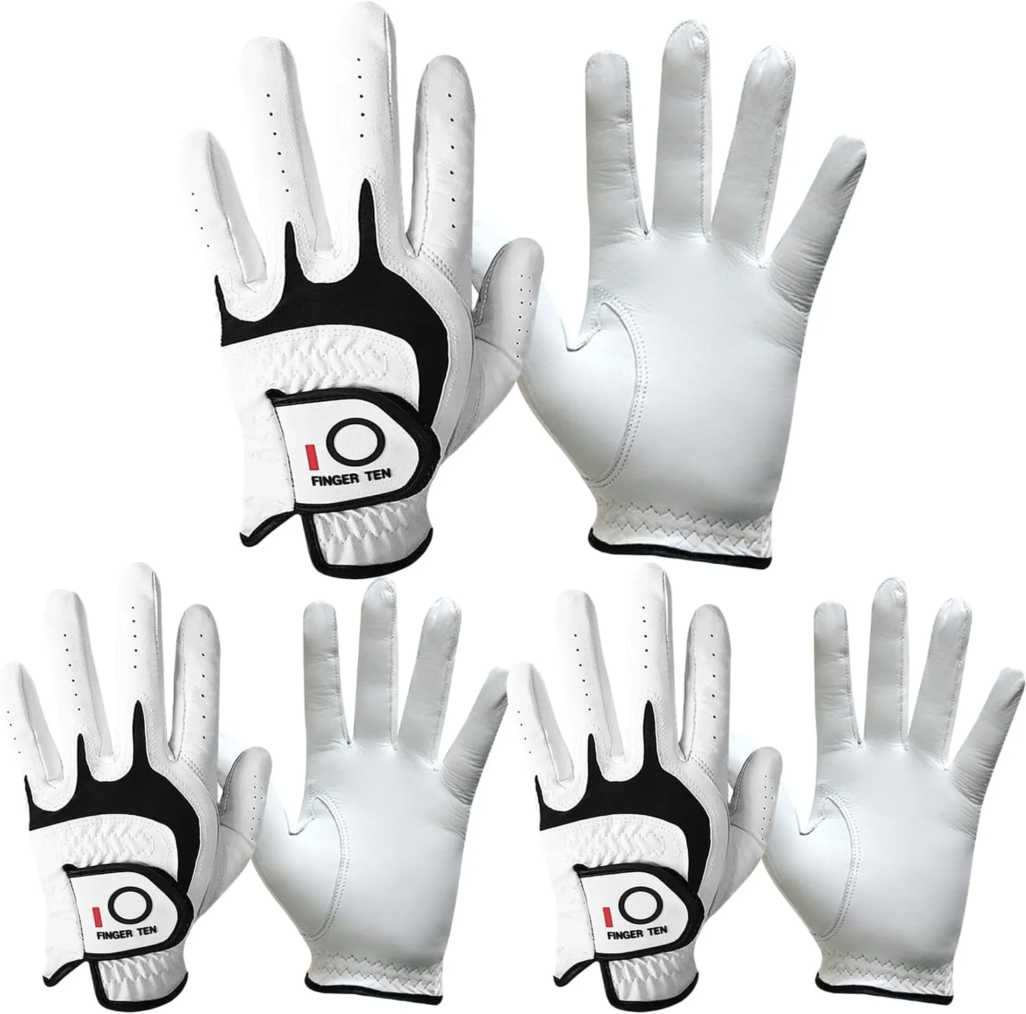 FINGER TEN Golf Gloves Men Right Left Handed Golfer 3/6 Pack Mens Golf Glove Left Right Hand Soft Cabretta Leather All Weather Grip Size S M ML L XL