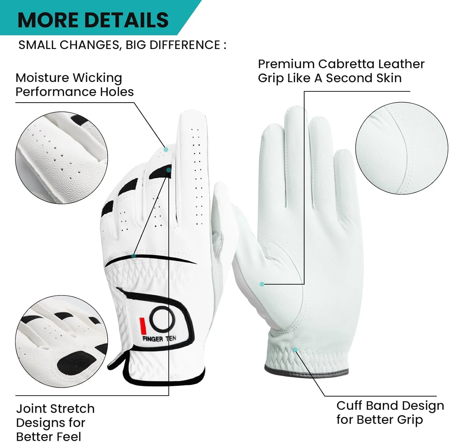 FINGER TEN Golf Gloves Men Right Left Handed Golfer Men’s Golf Glove Left Right Hand Value 3/6 Pack, All Weather Leather Grip Small Medium ML Large XL Size
