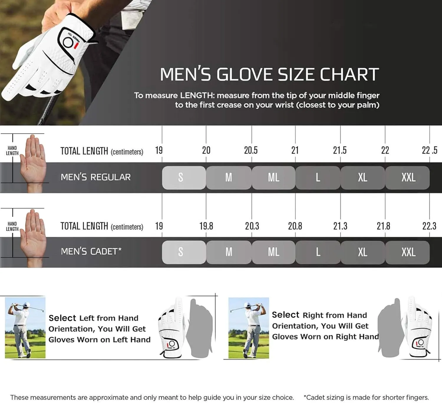 FINGER TEN Golf Gloves Men Right Left Handed Golfer Men’s Golf Glove Left Right Hand Value 3/6 Pack, All Weather Leather Grip Small Medium ML Large XL Size