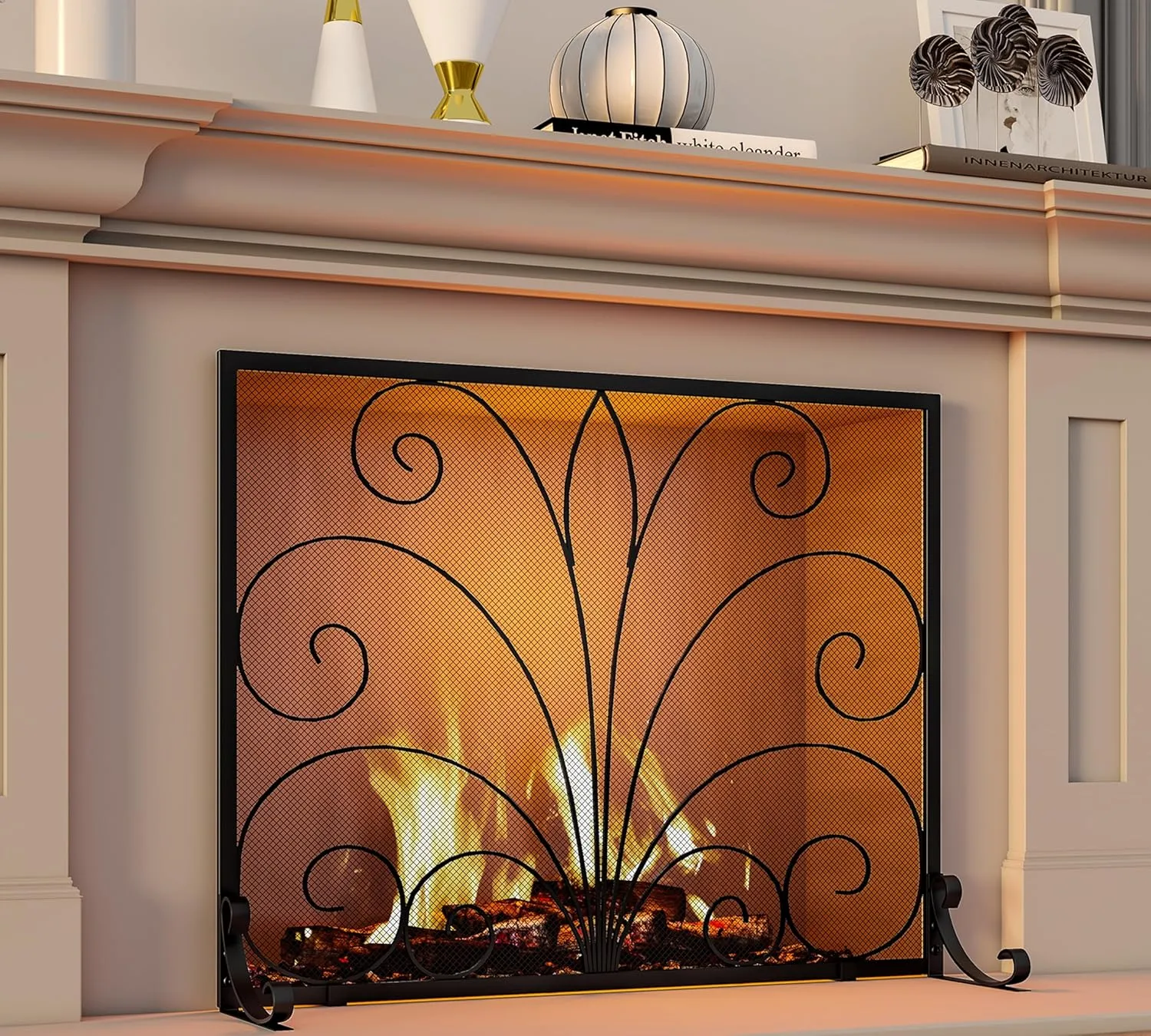Fire Beauty Fireplace Screen,Handcrafted Wrought Iron,Flat Guard Metal Furnace Fireguards Mesh,Safe Spark Protector,Wood Burning Stove Accessories(37.8" L x 30.7" W)
