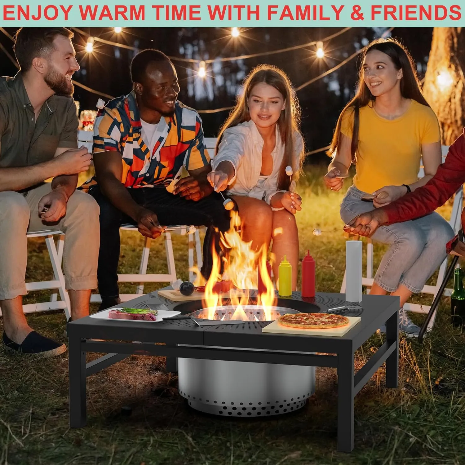 Fire Pit Surround Tabletop for Solo Stove Yukon Bonfire Accessories, Square Outdoor Fire Pit Table, Dust Cover for Solo Stove and Other Wood Burning, Powder-Coated Steel Stove Table Surround