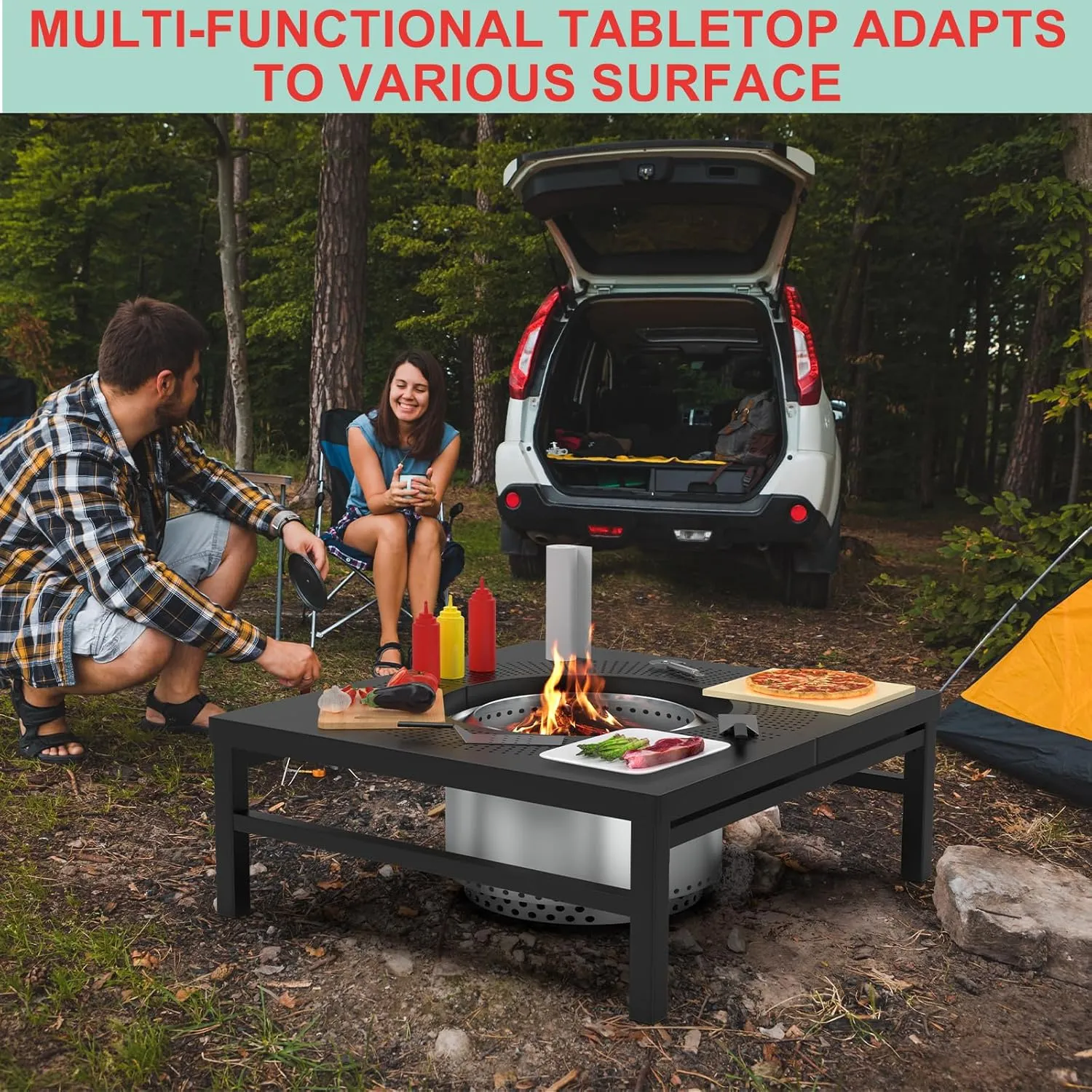 Fire Pit Surround Tabletop for Solo Stove Yukon Bonfire Accessories, Square Outdoor Fire Pit Table, Dust Cover for Solo Stove and Other Wood Burning, Powder-Coated Steel Stove Table Surround