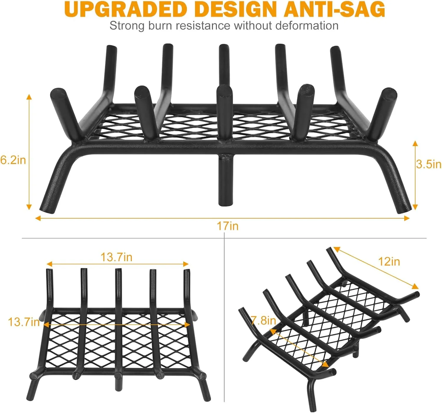 Fireplace Grate 17inch with Ember Retainer | Fireplace Log Grate with Heavy Duty Solid Round Steel 3/4” Bar | No Assembly Required Hearth Grate for Firepit Firewood Log Indoor Wood Stove Burning