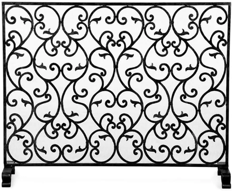 Fireplace Screen, Wrought Iron Fireplace Screen, Large Flat Guard Metal Decor Mesh Cover, Safe Fireproof Firewood Burning Stove Accessories Black, 31 H × 38 W
