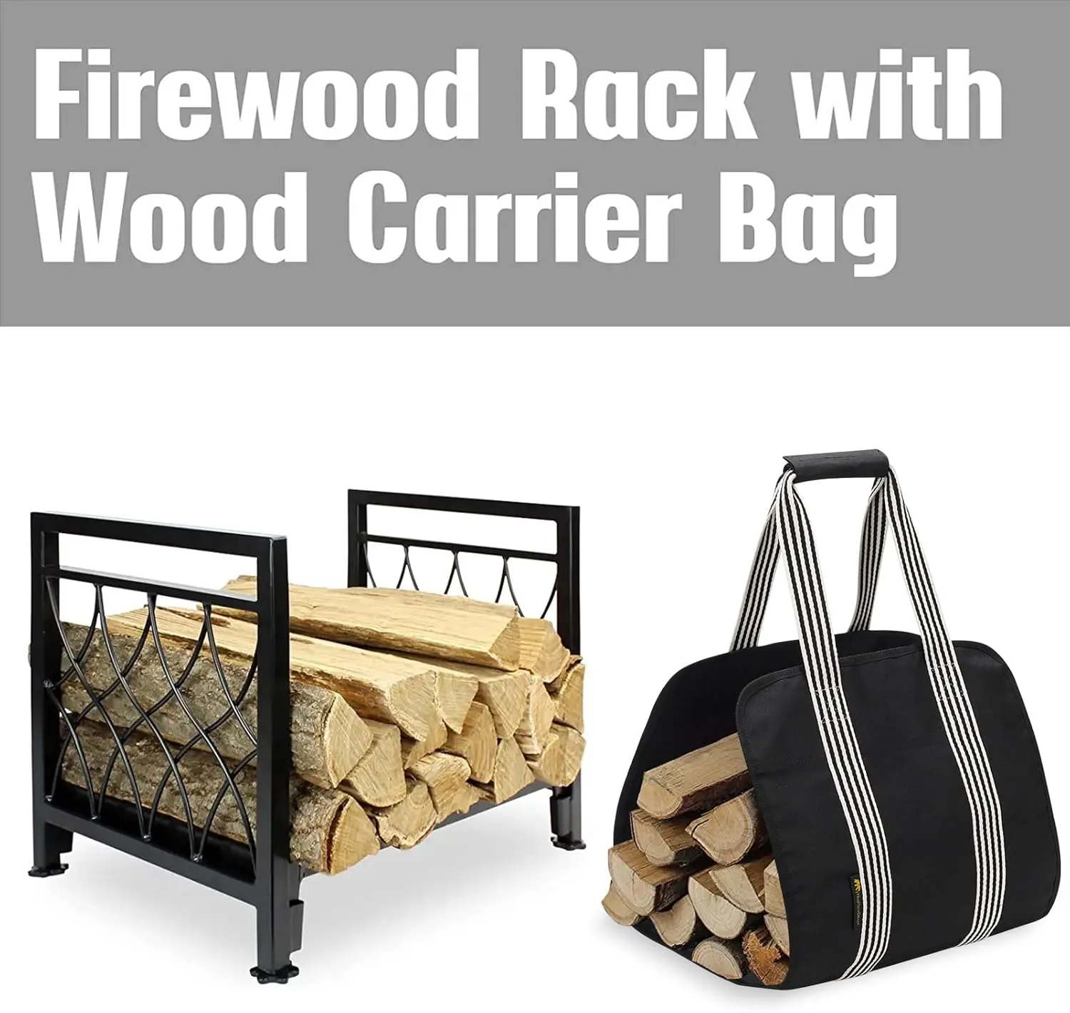 Firewood Carrier with Log Bag Indoor Outdoor Wood Storage, Heavy Duty Steel, Stove Bracket Stacking Rack
