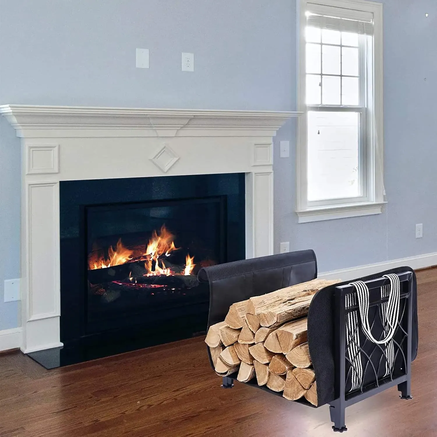 Firewood Carrier with Log Bag Indoor Outdoor Wood Storage, Heavy Duty Steel, Stove Bracket Stacking Rack