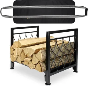 Firewood Carrier with Log Bag Indoor Outdoor Wood Storage, Heavy Duty Steel, Stove Bracket Stacking Rack