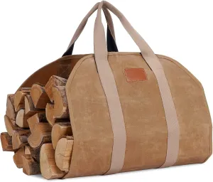 Firewood Log Carrier, Firewood Waxed Canvas Tote Bag with Handles, Heavy Duty Firewood Holder Fireplace Wood Stove Accessories for Camping,BBQ Indoor & Outdoor