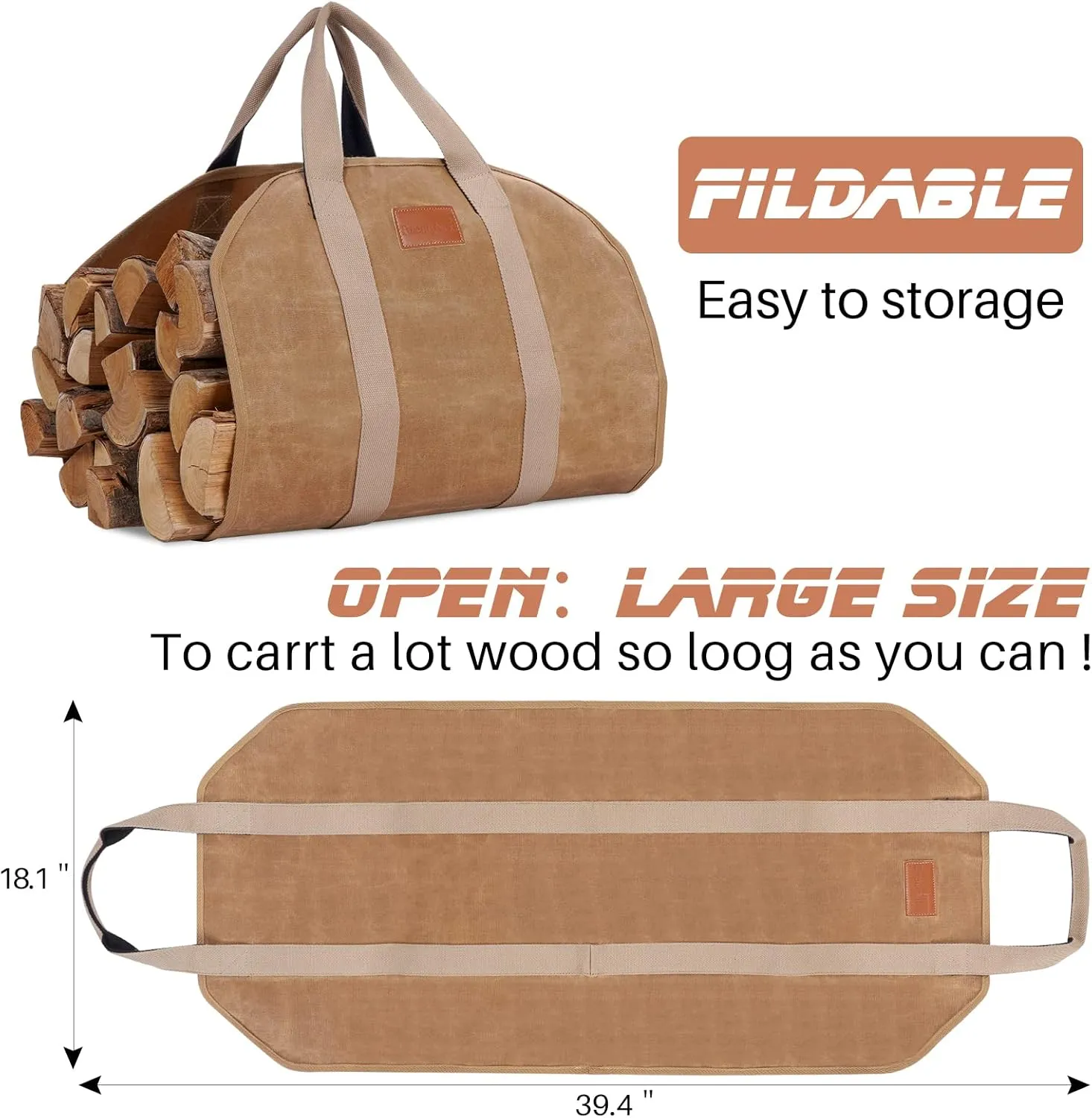 Firewood Log Carrier, Firewood Waxed Canvas Tote Bag with Handles, Heavy Duty Firewood Holder Fireplace Wood Stove Accessories for Camping,BBQ Indoor & Outdoor