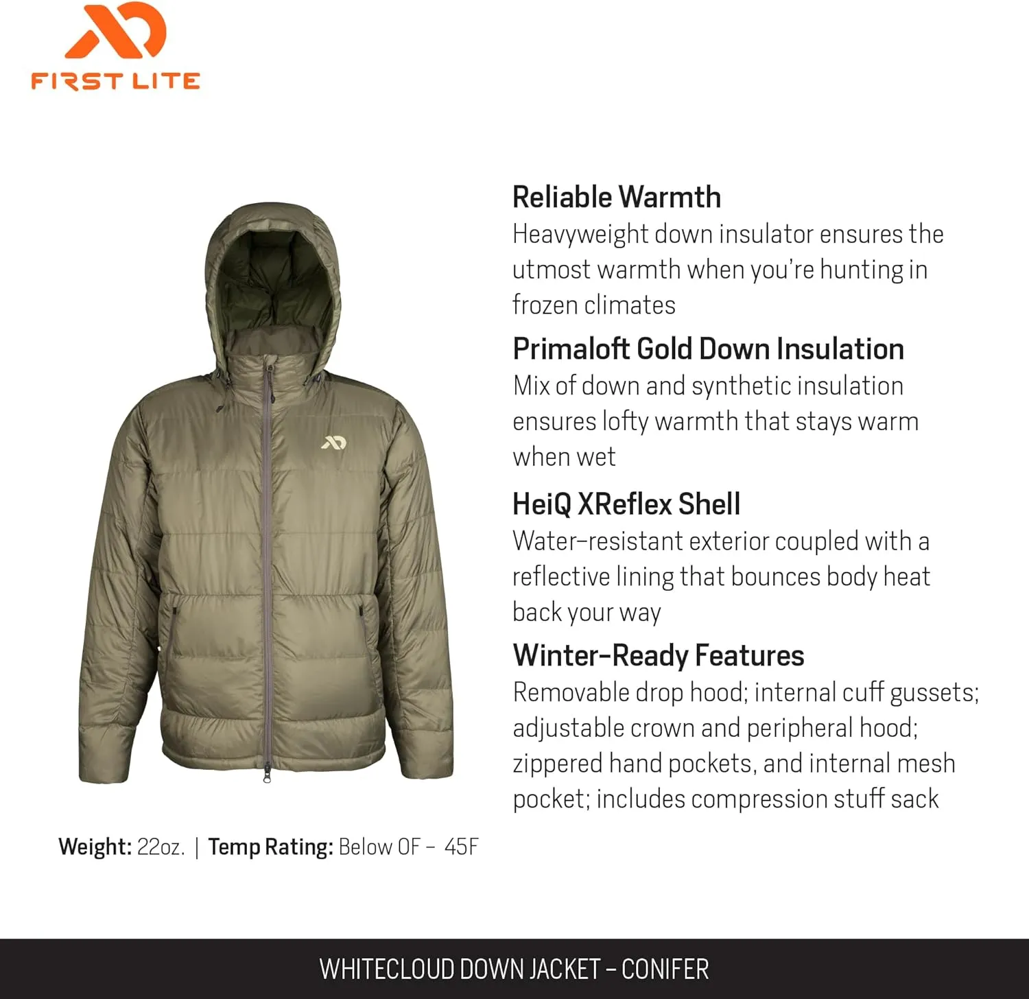 First Lite Men's Whitecloud Down Jacket - Warm Packable Hunting Puffy Coat