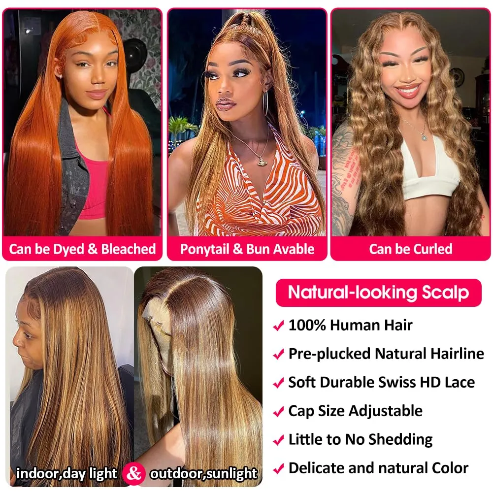Flady Highlight Ombre Lace Front Wig Human Hair Pre Plucked Glueless HD Lace Frontal Wig 4/27 Straight Wigs Human Hair Ombre Brown Blonde Wig 150Density