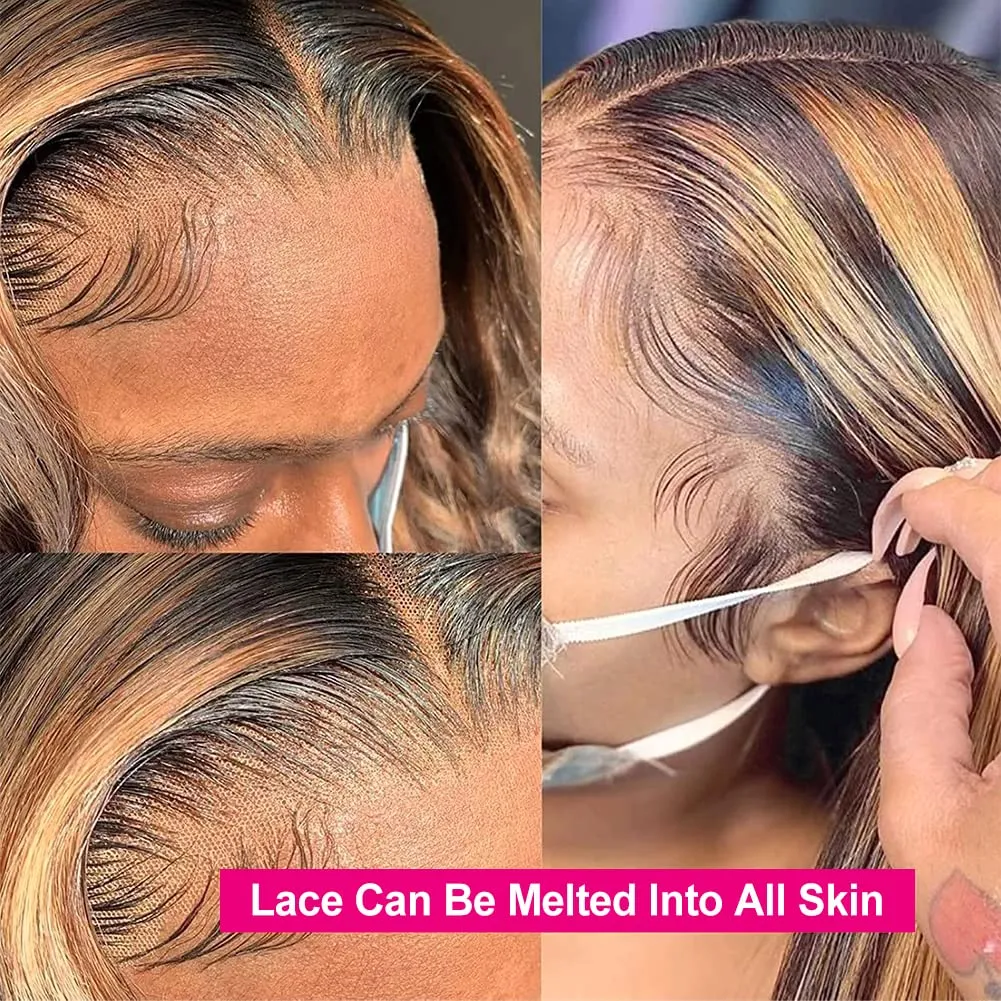 Flady Highlight Ombre Lace Front Wig Human Hair Pre Plucked Glueless HD Lace Frontal Wig 4/27 Straight Wigs Human Hair Ombre Brown Blonde Wig 150Density