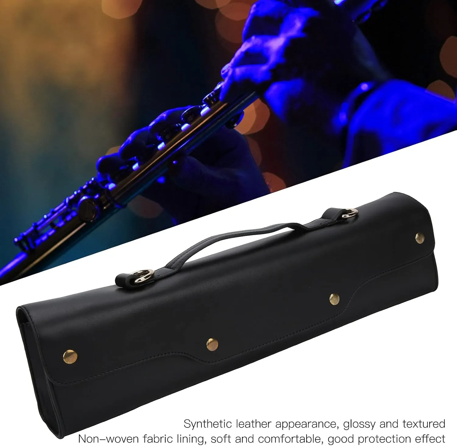 Flute Case Carrying Bag, Synthetic Leather Flute Storage Case with Shoulder Strap, 360 Rotating Lock Buckle, Soft Non Woven Fabric Lining, 17.7 x 2.6 x 5.1in (Black)