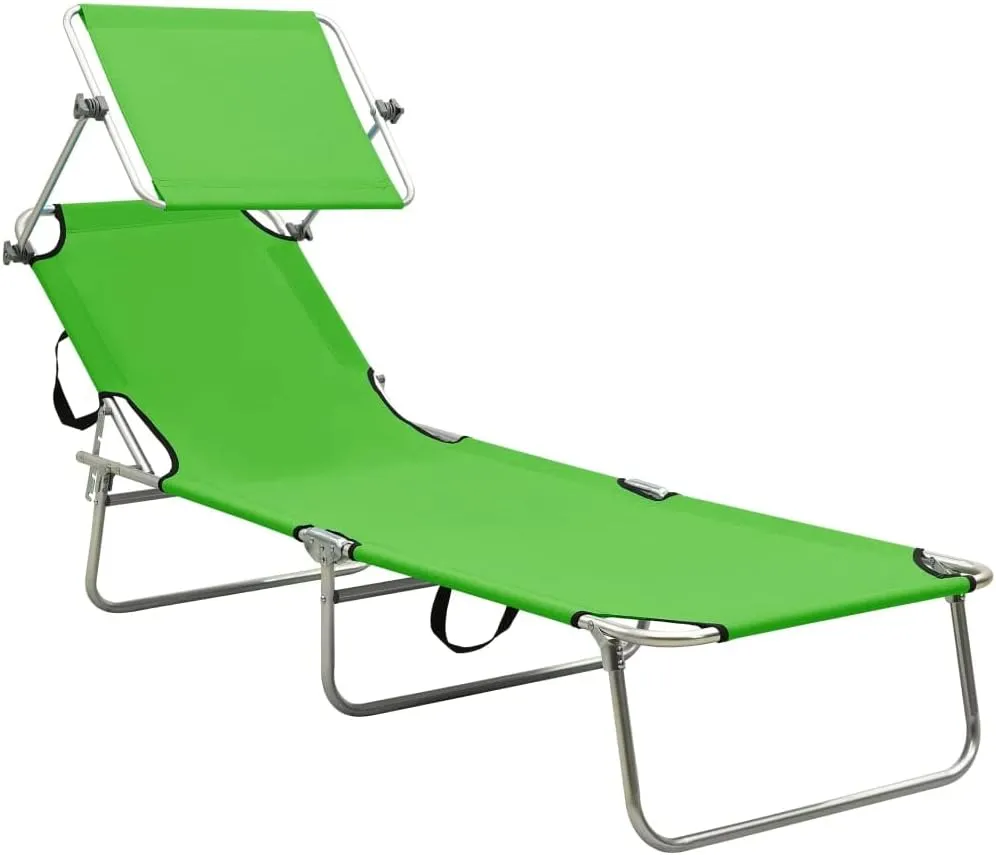 Folding Sun Lounger with Canopy Green Aluminumpatio Recliner Camping Chairs Tanning chairSuitable for Garden Courtyard