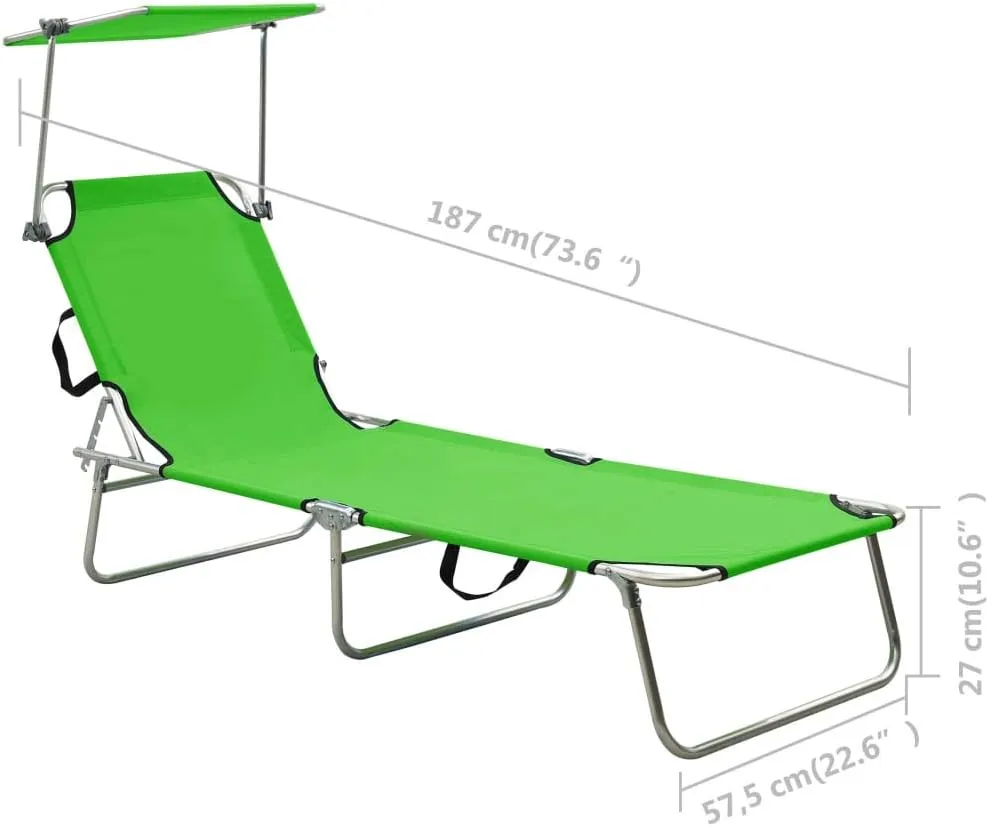 Folding Sun Lounger with Canopy Green Aluminumpatio Recliner Camping Chairs Tanning chairSuitable for Garden Courtyard