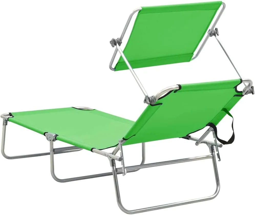Folding Sun Lounger with Canopy Green Aluminumpatio Recliner Camping Chairs Tanning chairSuitable for Garden Courtyard