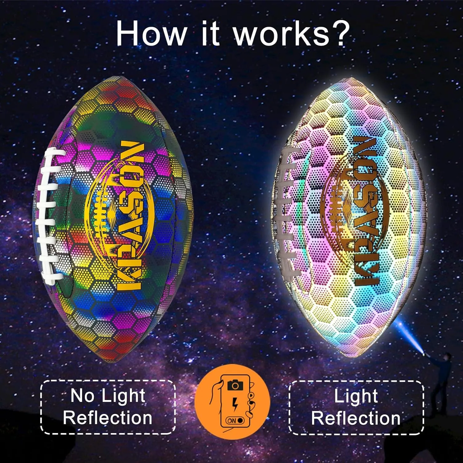 Football, Holographic Reflective Glowing Footballs with Pump for Kids, Teens and Adults - Synthetic Leather Outdoor All-Weather Footballs
