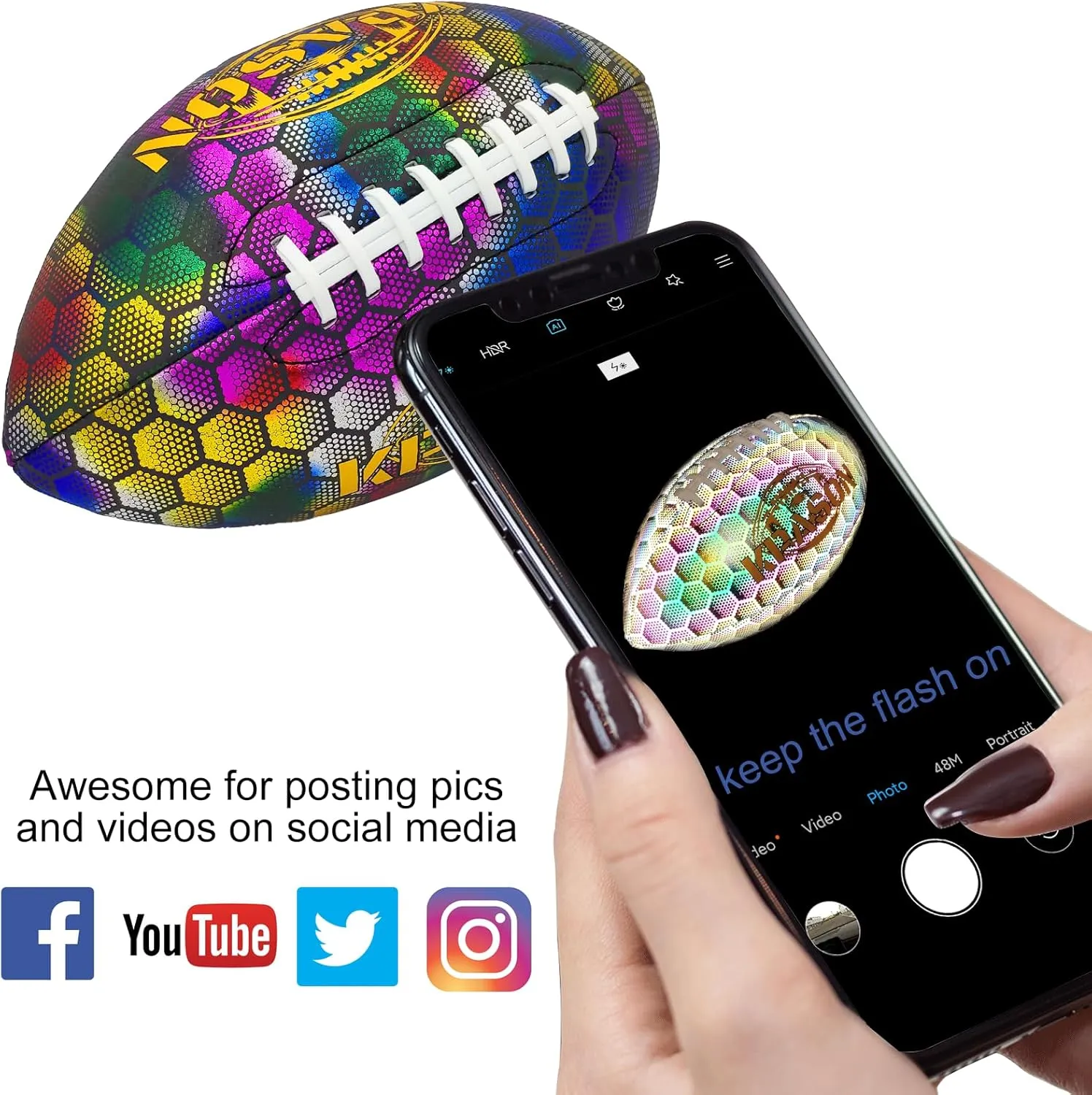 Football, Holographic Reflective Glowing Footballs with Pump for Kids, Teens and Adults - Synthetic Leather Outdoor All-Weather Footballs