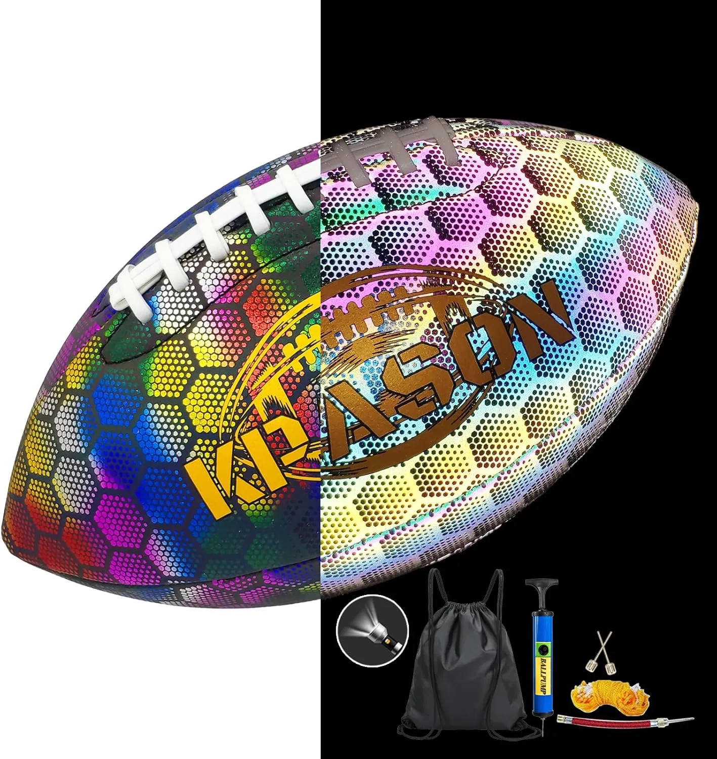 Football, Holographic Reflective Glowing Footballs with Pump for Kids, Teens and Adults - Synthetic Leather Outdoor All-Weather Footballs