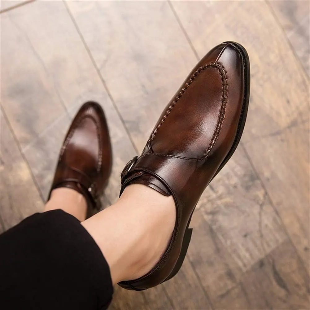 Formal Dress Shoes for Men Business Oxfords Slip-on Synthetic Leather Low Heel Anti-Skid Pointed Toe Stitched Split Joint Monk Strap Buckle