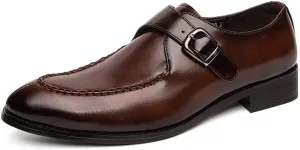 Formal Dress Shoes for Men Business Oxfords Slip-on Synthetic Leather Low Heel Anti-Skid Pointed Toe Stitched Split Joint Monk Strap Buckle