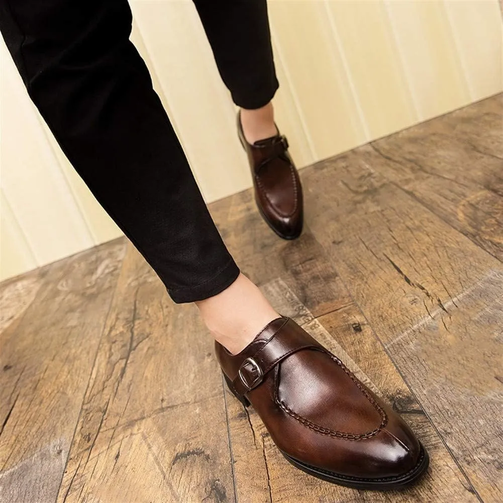 Formal Dress Shoes for Men Business Oxfords Slip-on Synthetic Leather Low Heel Anti-Skid Pointed Toe Stitched Split Joint Monk Strap Buckle