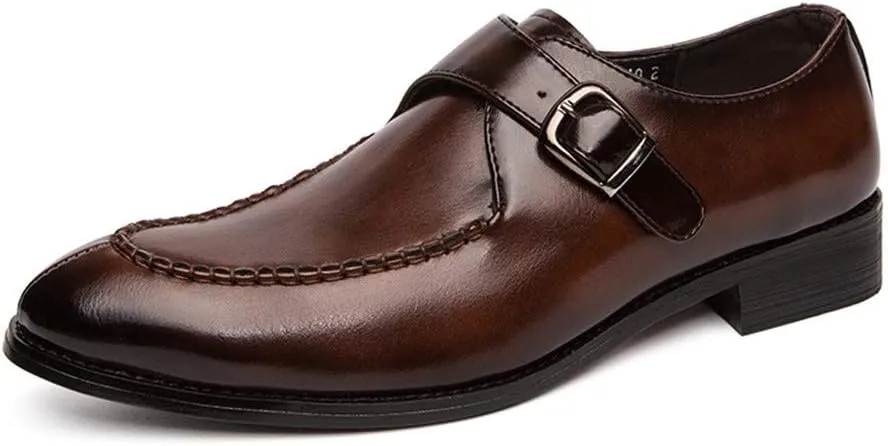 Formal Dress Shoes for Men Business Oxfords Slip-on Synthetic Leather Low Heel Anti-Skid Pointed Toe Stitched Split Joint Monk Strap Buckle