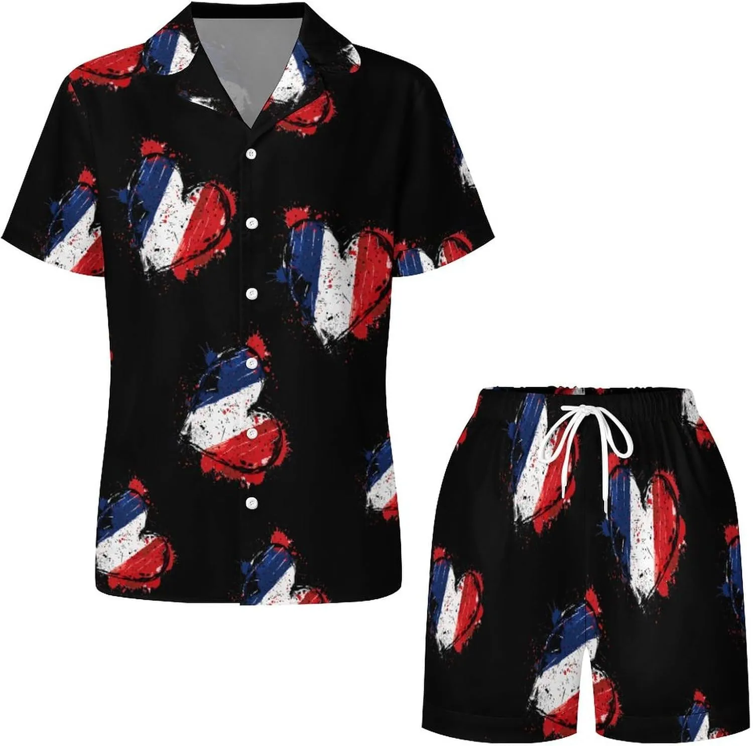 France Heart Vintage Flag Women's Satin Pajama Set Short Sleeve Button Down Sleepwear Loungewear Pj Set