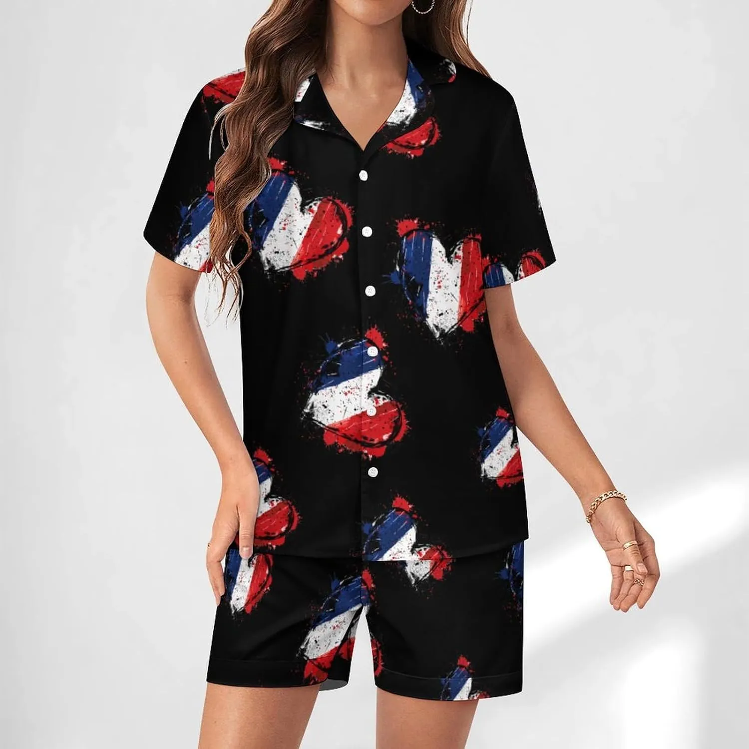 France Heart Vintage Flag Women's Satin Pajama Set Short Sleeve Button Down Sleepwear Loungewear Pj Set
