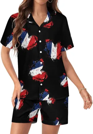 France Heart Vintage Flag Women's Satin Pajama Set Short Sleeve Button Down Sleepwear Loungewear Pj Set