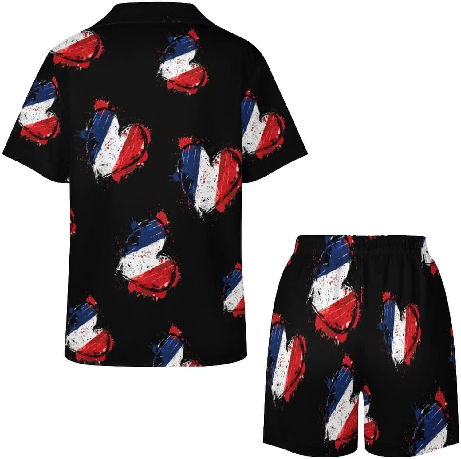 France Heart Vintage Flag Women's Satin Pajama Set Short Sleeve Button Down Sleepwear Loungewear Pj Set