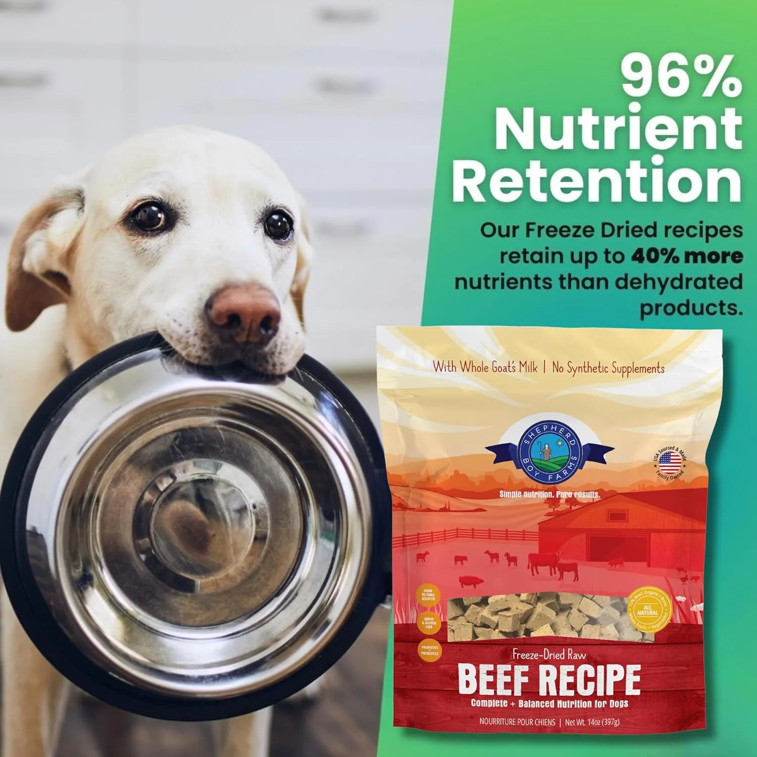 Freeze Dried Raw Dog Food (Beef Recipe), All Natural Food, 14 oz Bag, Freeze-Dried Dog Food, Made in USA with Organic Produce, High in Protein, Food Topper or Complete Meal