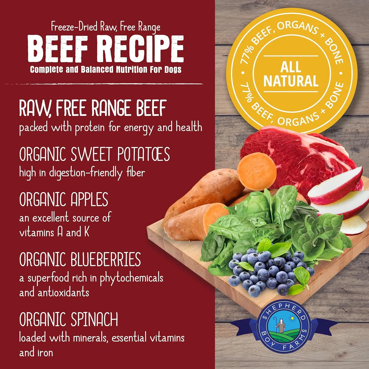 Freeze Dried Raw Dog Food (Beef Recipe), All Natural Food, 14 oz Bag, Freeze-Dried Dog Food, Made in USA with Organic Produce, High in Protein, Food Topper or Complete Meal