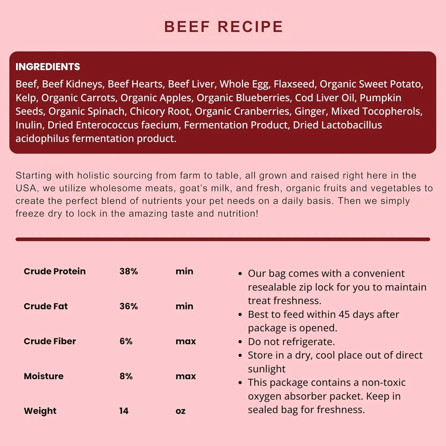 Freeze Dried Raw Dog Food (Beef Recipe), All Natural Food, 14 oz Bag, Freeze-Dried Dog Food, Made in USA with Organic Produce, High in Protein, Food Topper or Complete Meal