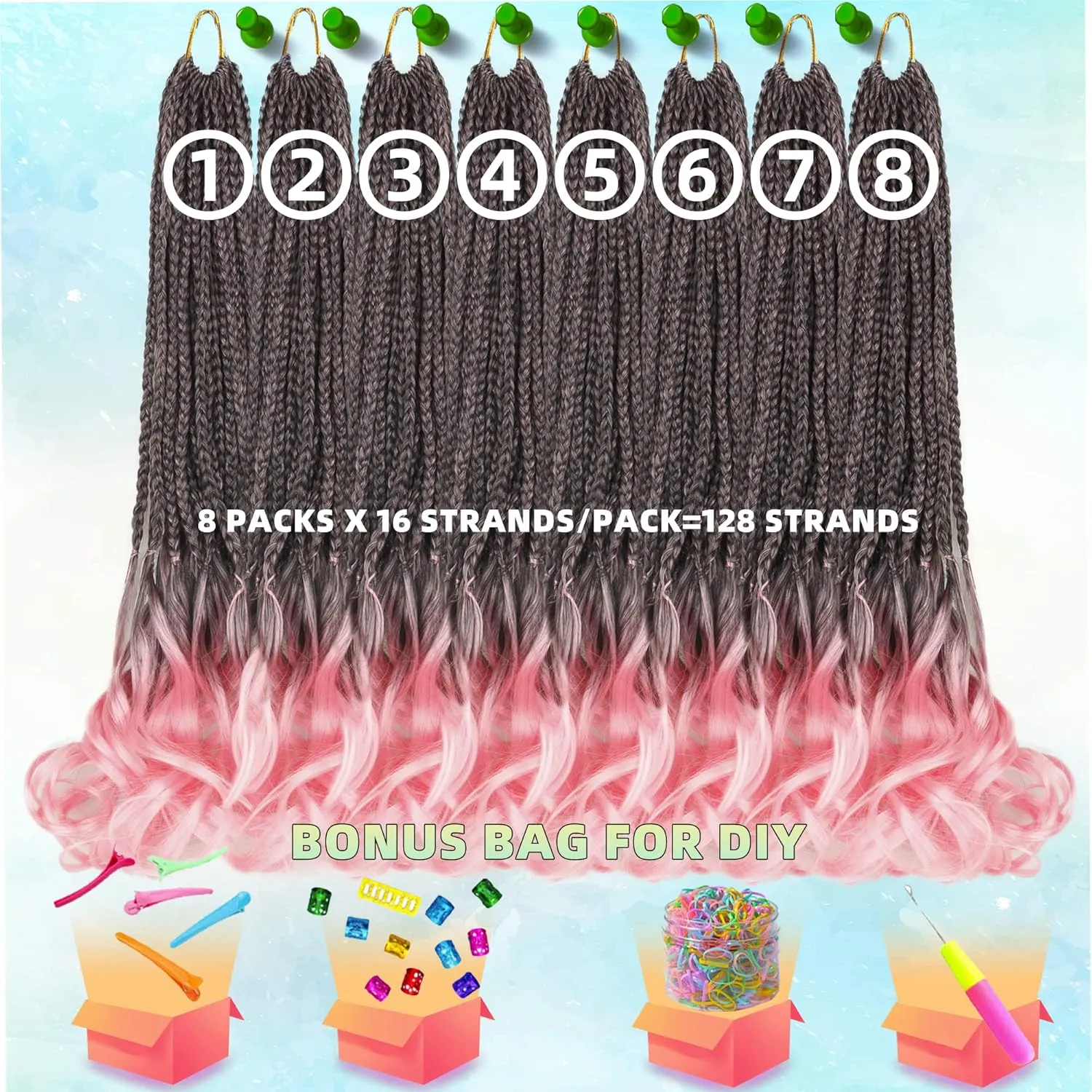 French Curl Crochet Braids for Black Women-18 Inches 8 Packs Goddess Box Braids,Ombre Pink Soft Pre Looped Braided Synthetic Hair Extensions with Curly Wavy Ends(18"-8 Packs,T1B/Pink)