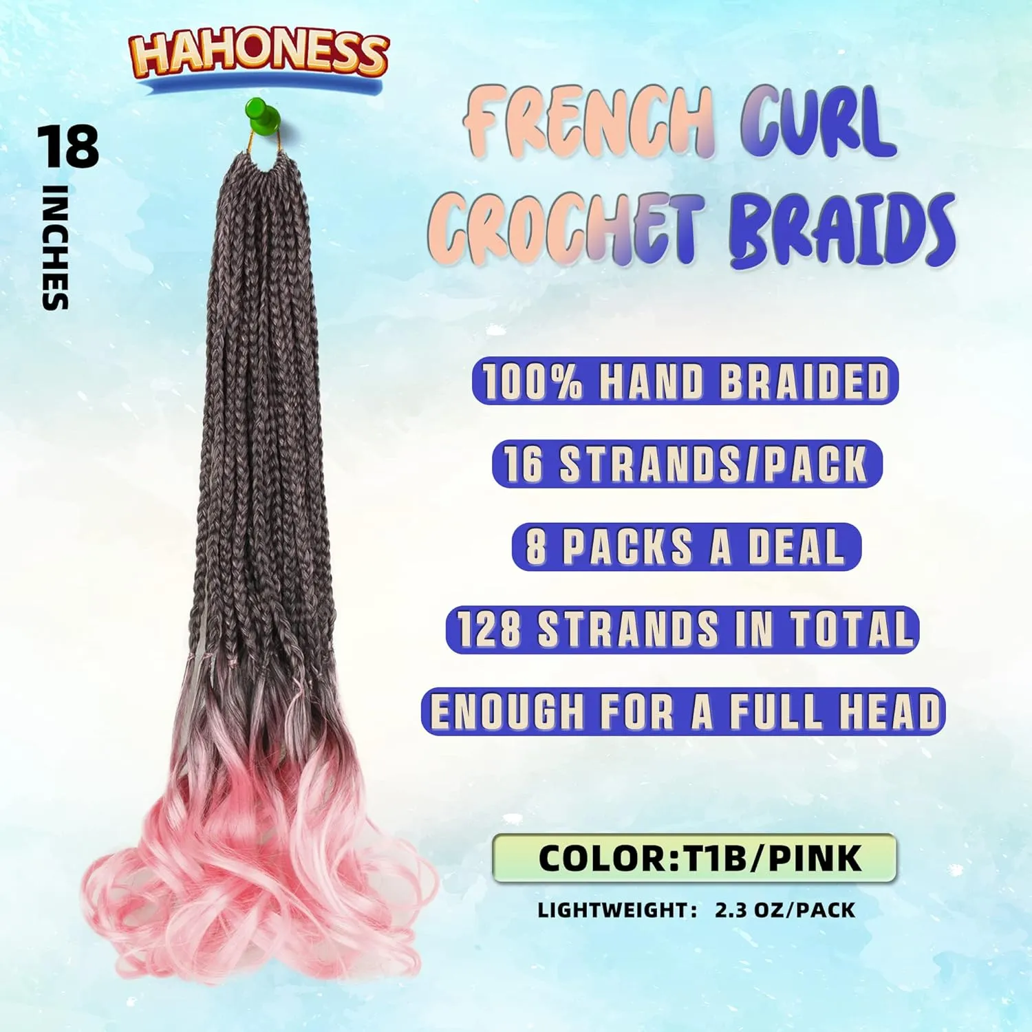 French Curl Crochet Braids for Black Women-18 Inches 8 Packs Goddess Box Braids,Ombre Pink Soft Pre Looped Braided Synthetic Hair Extensions with Curly Wavy Ends(18"-8 Packs,T1B/Pink)