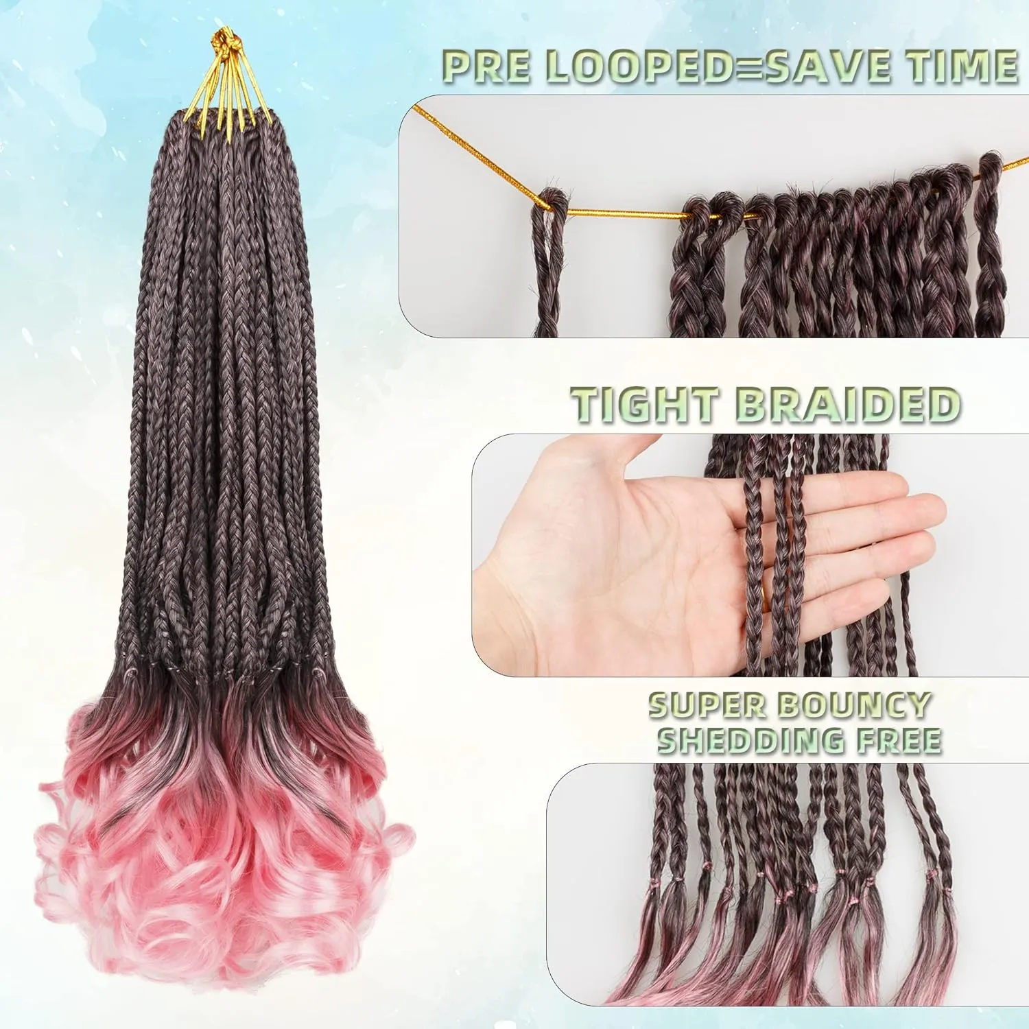 French Curl Crochet Braids for Black Women-18 Inches 8 Packs Goddess Box Braids,Ombre Pink Soft Pre Looped Braided Synthetic Hair Extensions with Curly Wavy Ends(18"-8 Packs,T1B/Pink)