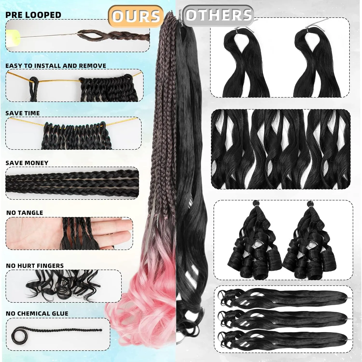 French Curl Crochet Braids for Black Women-18 Inches 8 Packs Goddess Box Braids,Ombre Pink Soft Pre Looped Braided Synthetic Hair Extensions with Curly Wavy Ends(18"-8 Packs,T1B/Pink)