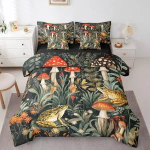 Frog Mushroom Bedding Set,Natural Mushroom 7 Pieces Bed In A Bag Twin for Adults Women Men Trippy Fungus Wild Comforter Set,Cute Animals Jungle Plant Leaves Bed Set for Kids Boys Girls Room