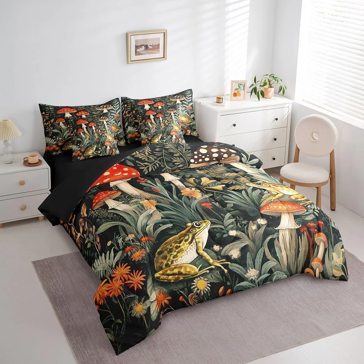 Frog Mushroom Bedding Set,Natural Mushroom 7 Pieces Bed In A Bag Twin for Adults Women Men Trippy Fungus Wild Comforter Set,Cute Animals Jungle Plant Leaves Bed Set for Kids Boys Girls Room