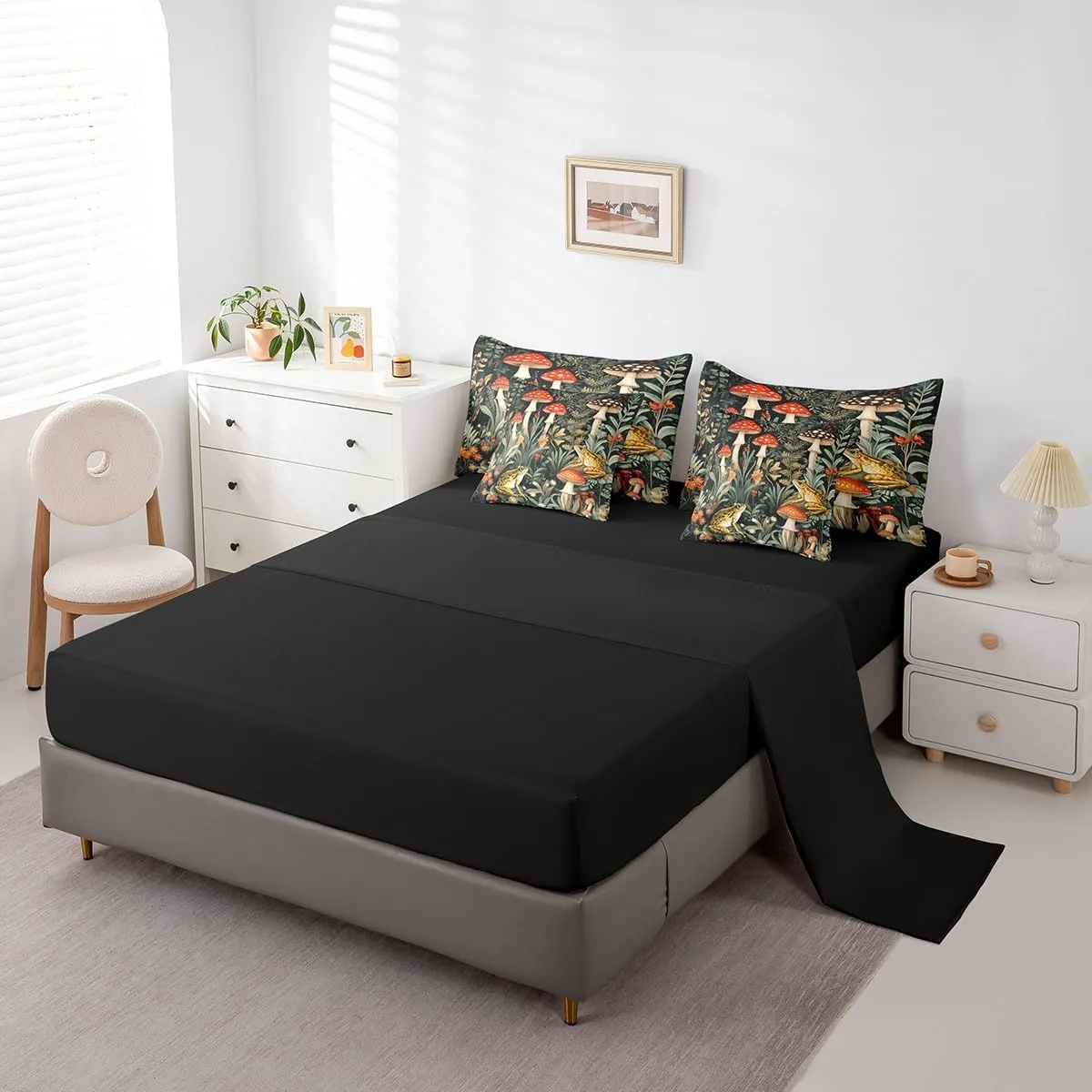 Frog Mushroom Bedding Set,Natural Mushroom 7 Pieces Bed In A Bag Twin for Adults Women Men Trippy Fungus Wild Comforter Set,Cute Animals Jungle Plant Leaves Bed Set for Kids Boys Girls Room