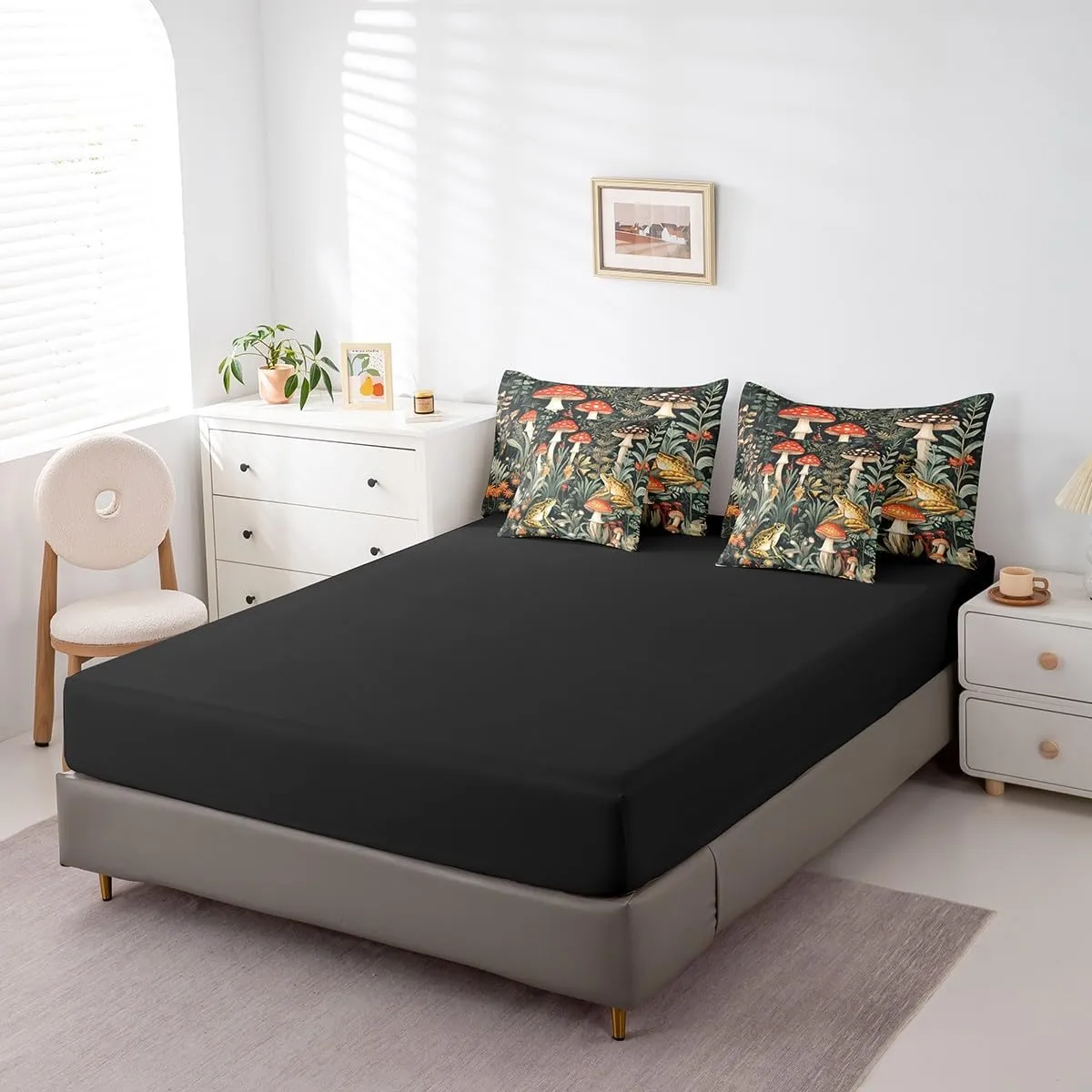 Frog Mushroom Bedding Set,Natural Mushroom 7 Pieces Bed In A Bag Twin for Adults Women Men Trippy Fungus Wild Comforter Set,Cute Animals Jungle Plant Leaves Bed Set for Kids Boys Girls Room