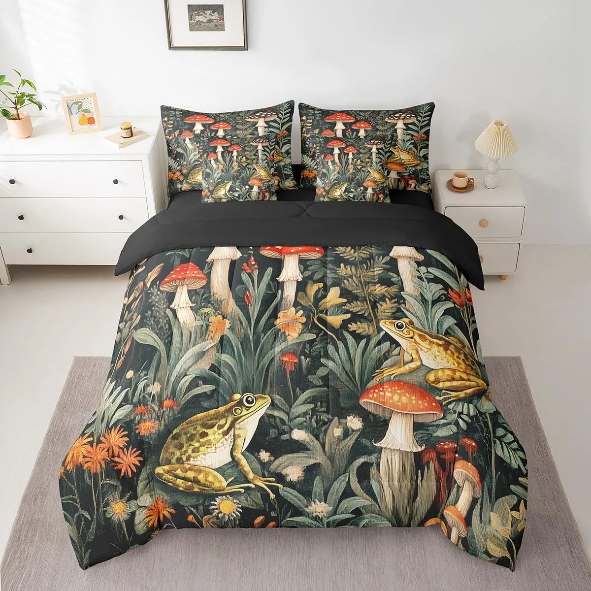 Frog Mushroom Bedding Set,Natural Mushroom 7 Pieces Bed In A Bag Twin for Adults Women Men Trippy Fungus Wild Comforter Set,Cute Animals Jungle Plant Leaves Bed Set for Kids Boys Girls Room