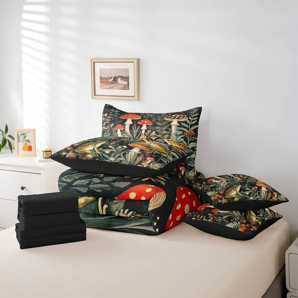 Frog Mushroom Bedding Set,Natural Mushroom 7 Pieces Bed In A Bag Twin for Adults Women Men Trippy Fungus Wild Comforter Set,Cute Animals Jungle Plant Leaves Bed Set for Kids Boys Girls Room