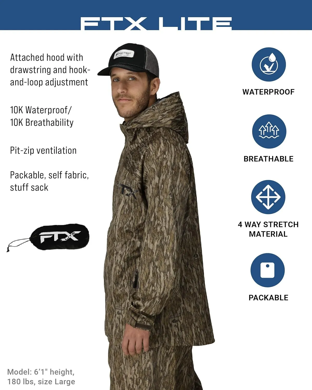 FROGG TOGGS Men’s FTX Lite Rain Jacket – 3-Layer Waterproof, Breathable, Stretch Comfort