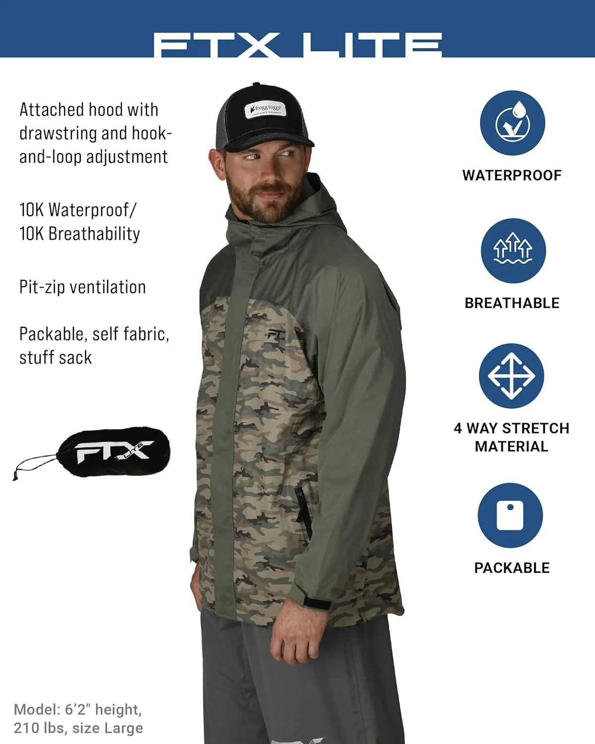 FROGG TOGGS Men’s FTX Lite Rain Jacket – 3-Layer Waterproof, Breathable, Stretch Comfort