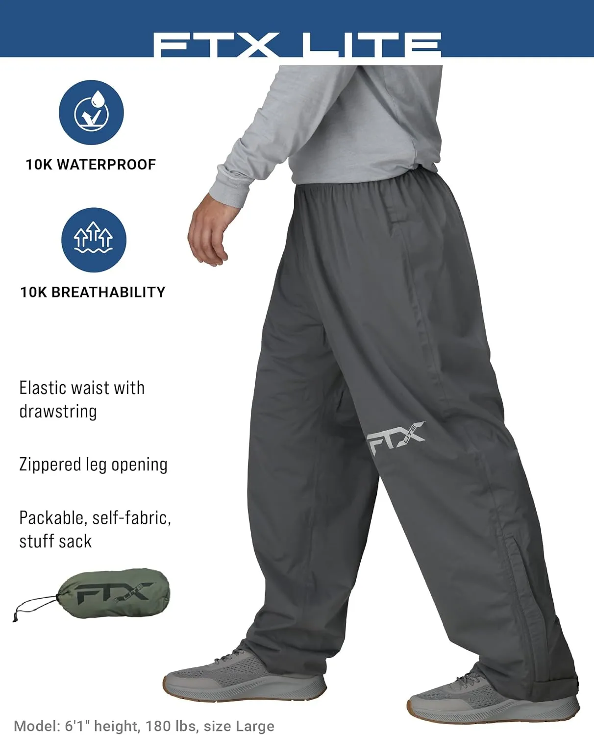 FROGG TOGGS Men's Ftx Lite Waterproof Rain Pant, Breathable, Comfort Stretch